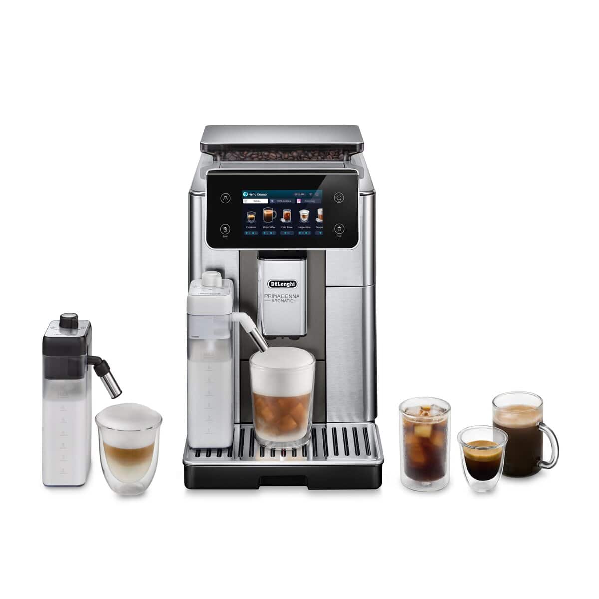 De’Longhi PrimaDonna Aromatic ECAM63075TM with hot and cold milk carafes and prepared drinks
