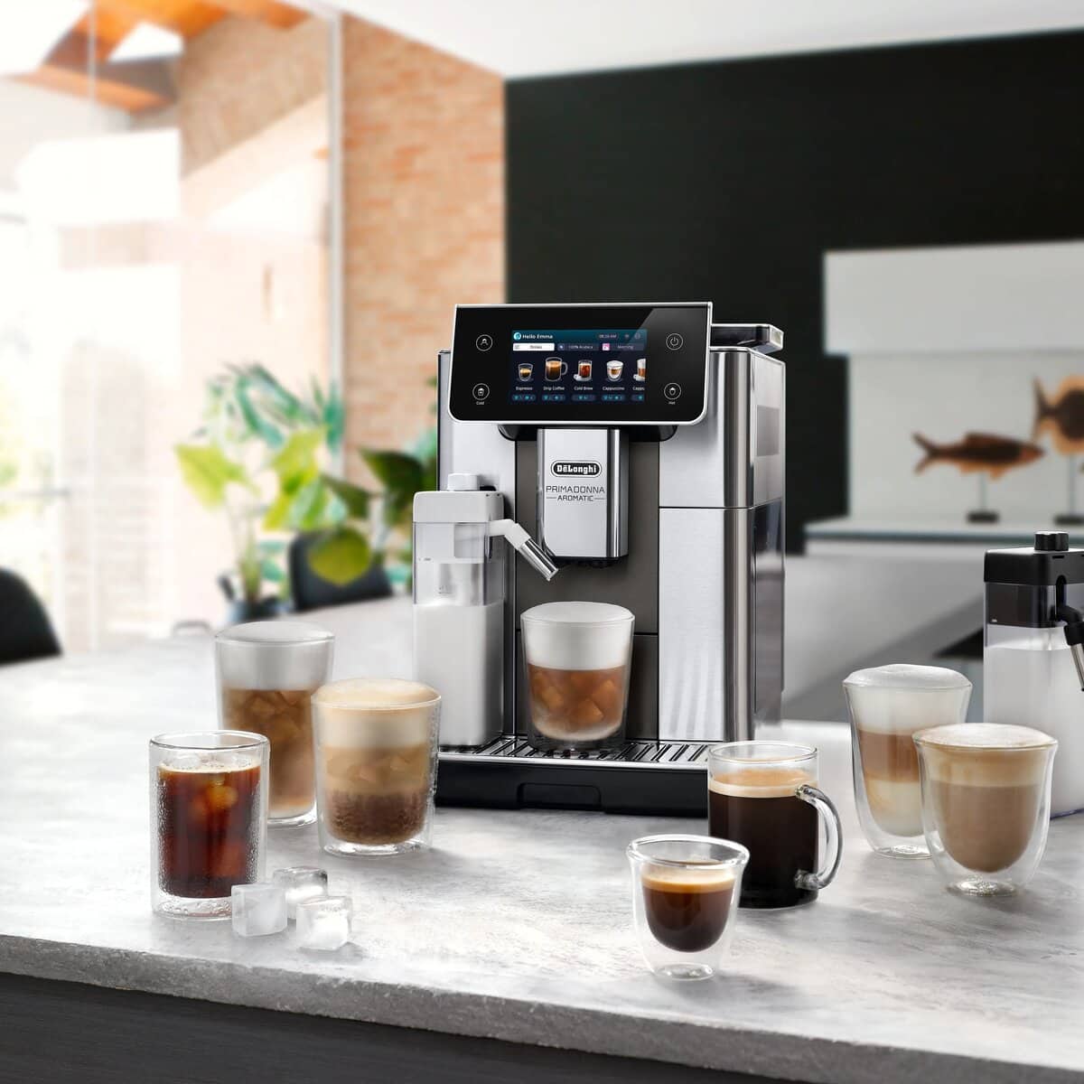 PrimaDonna Aromatic surrounded by a range of hot and cold coffee drinks
