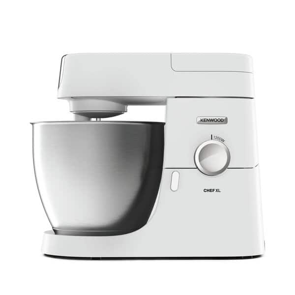 A white kitchen machine with a large stainless steel bowl.