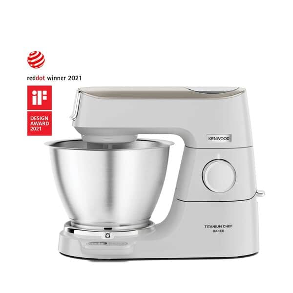 A white kitchen machine with a 5 litre stainless steel bowl.