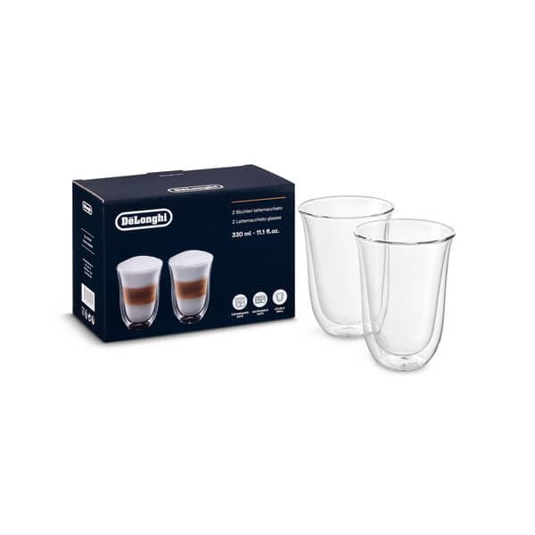 De'Longhi DeLonghi Double Walled Thermo Latte Glasses, Set of 2, 2 Count  (Pack of 1), Clear, 330 milliliters