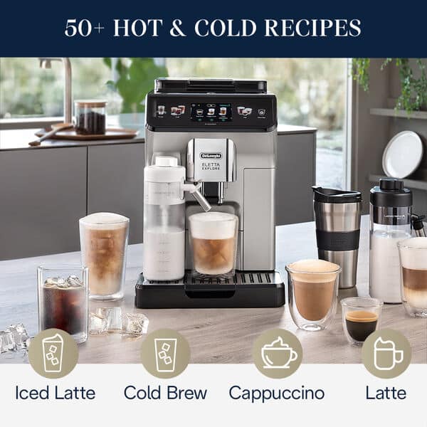 Cafetera superautomática  De'Longhi Eletta Explore Cold Brew ECAM450.65.S,  Molinillo integrado, Táctil, Bebidas frías calientes, 1450W, 19bar, Plata