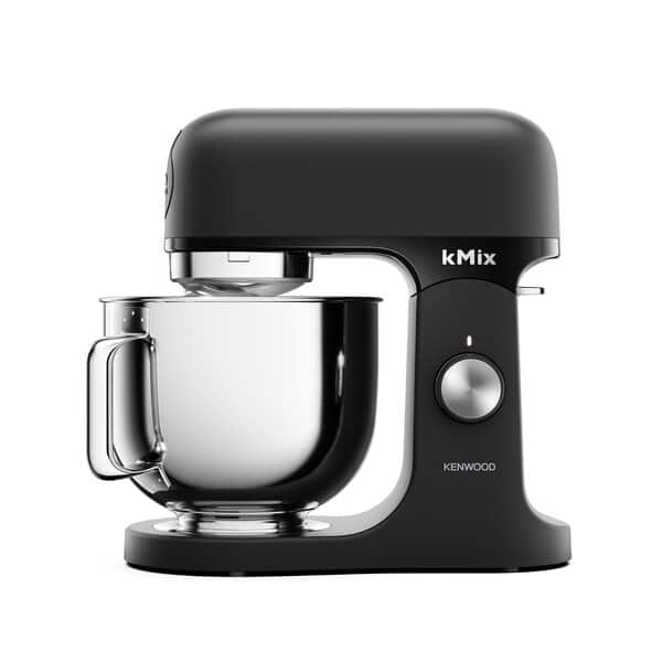 A black tilt-head stand mixer with a stainless steel bowl.
